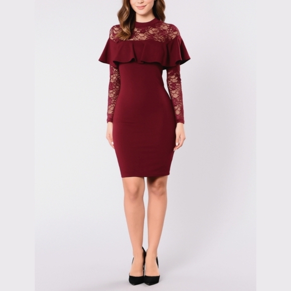 IRIS Wine Burgundy Bodycon Long Sleeve Dress, Lace Details, Ruffle Detail, S - Picture 1 of 13